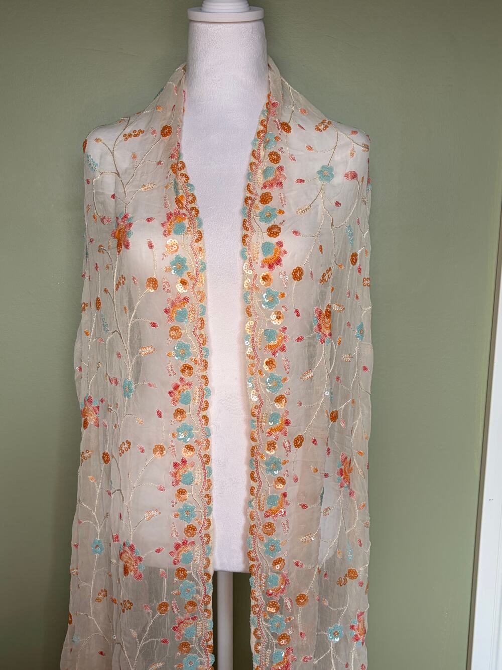 Sheer Fairycore Embroidered Sequin Floral Scarf Shawl Wrap 89x32.5 Boho Wedding